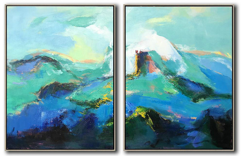 Extra Large Acrylic Painting On Canvas,Set Of 2 Abstract Landscape Painting On Canvas,Textured Painting Canvas Art,Green,Blue,Black.etc